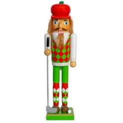 15 In. Wooden Golf Player Christmas Nutcracker-Red And Green Golfer With Club And Ball Holiday Nutcracker Figure Decor