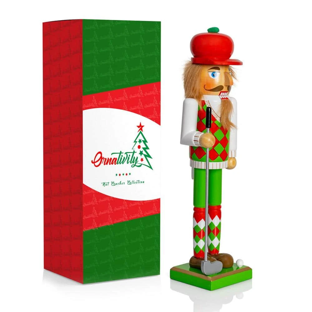 15 In. Wooden Golf Player Christmas Nutcracker-Red And Green Golfer With Club And Ball Holiday Nutcracker Figure Decor 2 15 In. Wooden Golf Player Christmas Nutcracker-Red And Green Golfer With Club And Ball Holiday Nutcracker Figure Decor - Image 2