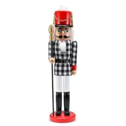 17 In. Wooden Christmas Checkered Soldier Nutcracker-Black And White Wooden Nutcracker Toy Soldier With Staff Holiday