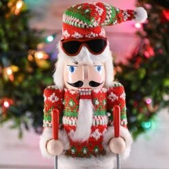 15 In. Wooden Christmas Skier Man Nutcracker -Red And Green Nutcracker Guy With Ugly Sweater And Skis In Skiing Pose -The Home Depot Shop ornativity christmas figurines or 217 1f 1000