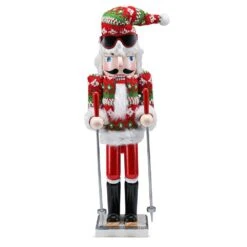 15 In. Wooden Christmas Skier Man Nutcracker -Red And Green Nutcracker Guy With Ugly Sweater And Skis In Skiing Pose