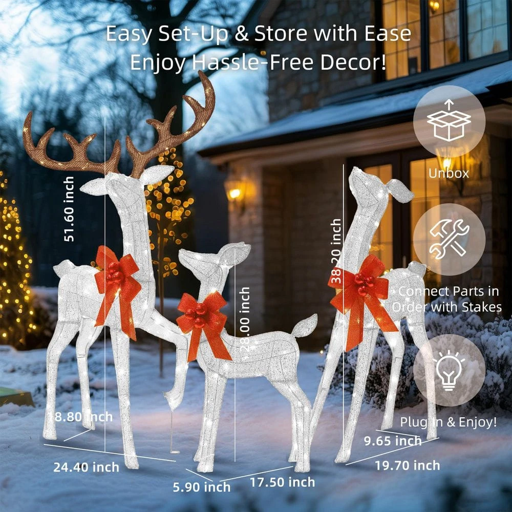 Outdoor Christmas Decoration 3-Piece 3D Reindeer Family Yard Decoration With Cool White LED Lights, White 8 Outdoor Christmas Decoration 3-Piece 3D Reindeer Family Yard Decoration With Cool White LED Lights, White - Image 8