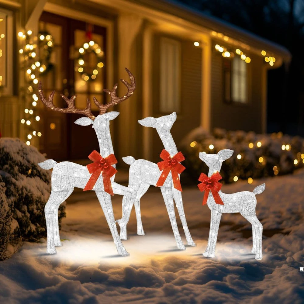 Outdoor Christmas Decoration 3-Piece 3D Reindeer Family Yard Decoration With Cool White LED Lights, White 12 Outdoor Christmas Decoration 3-Piece 3D Reindeer Family Yard Decoration With Cool White LED Lights, White - Image 12