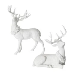 15.5 In. And 20 In. Christmas Frosted Deer Figurine Set Of 2, White, Indoor Christmas Decor