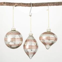 4 In. 4.75 In. And 5.25 In. Rose Gold Striped Drop Ornaments - Set Of 3, Gold Christmas Ornaments