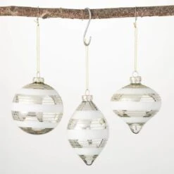 4 In. 4.75 In. And 5.25 In. White Striped Drop Ornaments - Set Of 3, White Christmas Ornaments