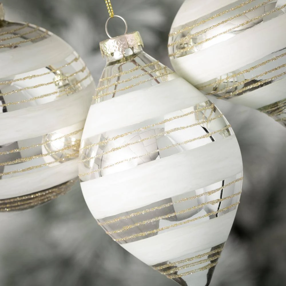 4 In. 4.75 In. And 5.25 In. White Striped Drop Ornaments - Set Of 3, White Christmas Ornaments 2 4 In. 4.75 In. And 5.25 In. White Striped Drop Ornaments - Set Of 3, White Christmas Ornaments - Image 2