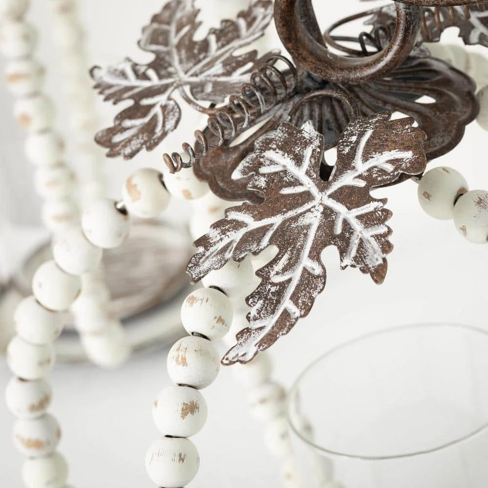 13" And 11.5" White Wood Beaded Pumpkin Pillar Holders (Set Of 2) 2 13" And 11.5" White Wood Beaded Pumpkin Pillar Holders (Set Of 2) - Image 2