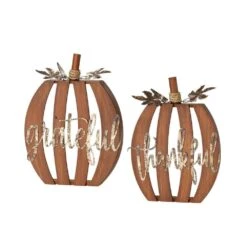 Wooden Text Harvest Pumpkin Set Of 2, Brown