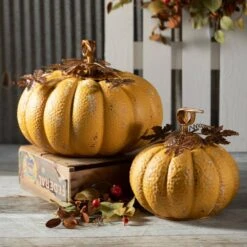 13 In. Yellow Metal Large Pumpkin -The Home Depot Shop sullivans indoor fall decorations met1926 4f 1000