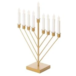 Vintiquewise Nine Branch Electric Chabad Judaica Chanukah Menorah With LED Candle Design Candlestick In Gold
