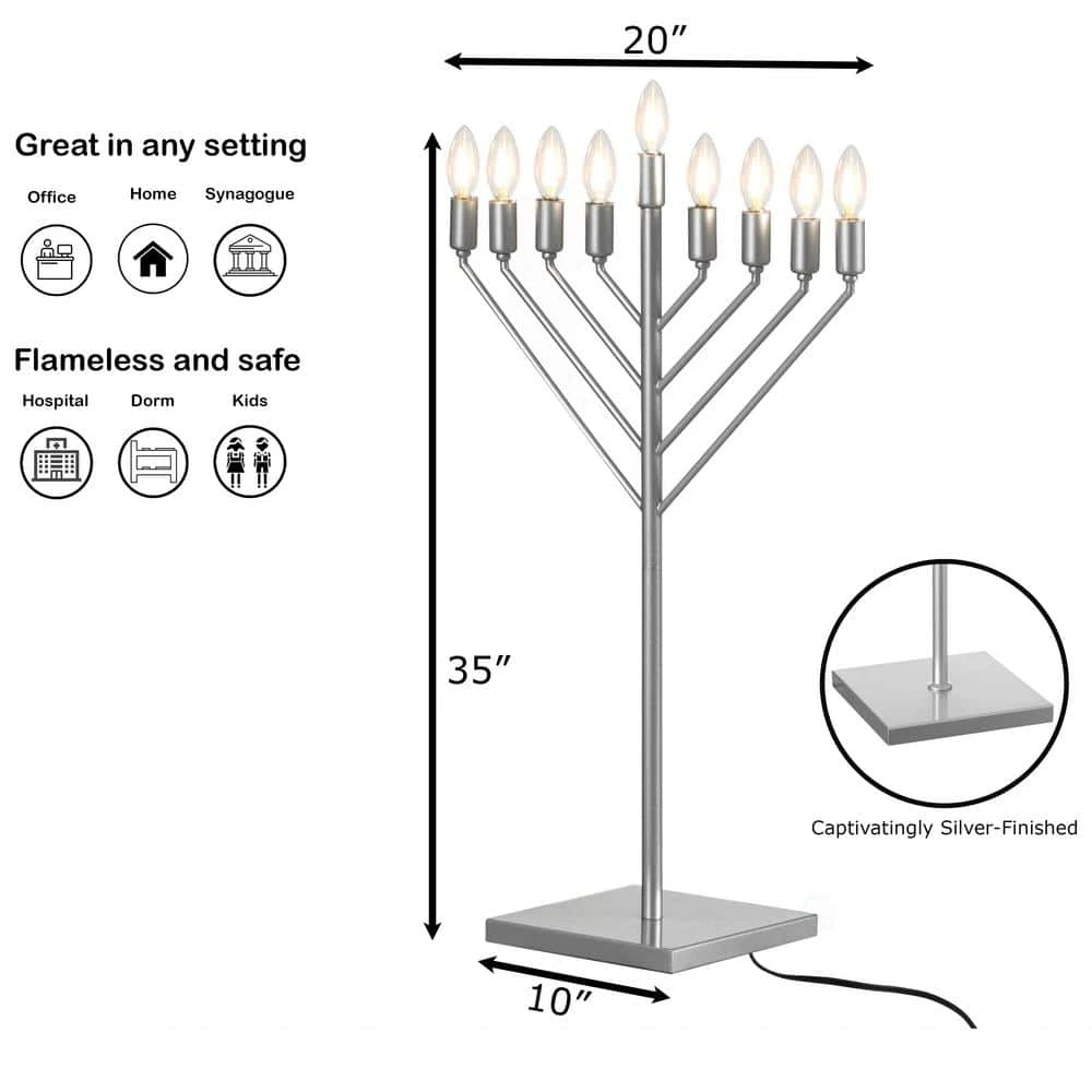 Vintiquewise Large Modern Antique Silver Nine Branch Electric Chabad Style Hanukkah Menorah With Flame Shaped LED Light Candles 4 Vintiquewise Large Modern Antique Silver Nine Branch Electric Chabad Style Hanukkah Menorah With Flame Shaped LED Light Candles - Image 4