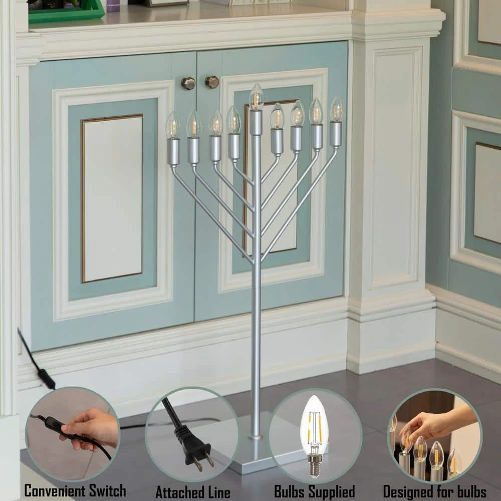 Vintiquewise Large Modern Antique Silver Nine Branch Electric Chabad Style Hanukkah Menorah With Flame Shaped LED Light Candles 5 Vintiquewise Large Modern Antique Silver Nine Branch Electric Chabad Style Hanukkah Menorah With Flame Shaped LED Light Candles - Image 5