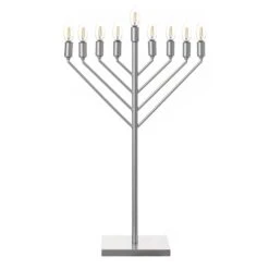 Vintiquewise Large Modern Antique Silver Nine Branch Electric Chabad Style Hanukkah Menorah With Flame Shaped LED Light Candles