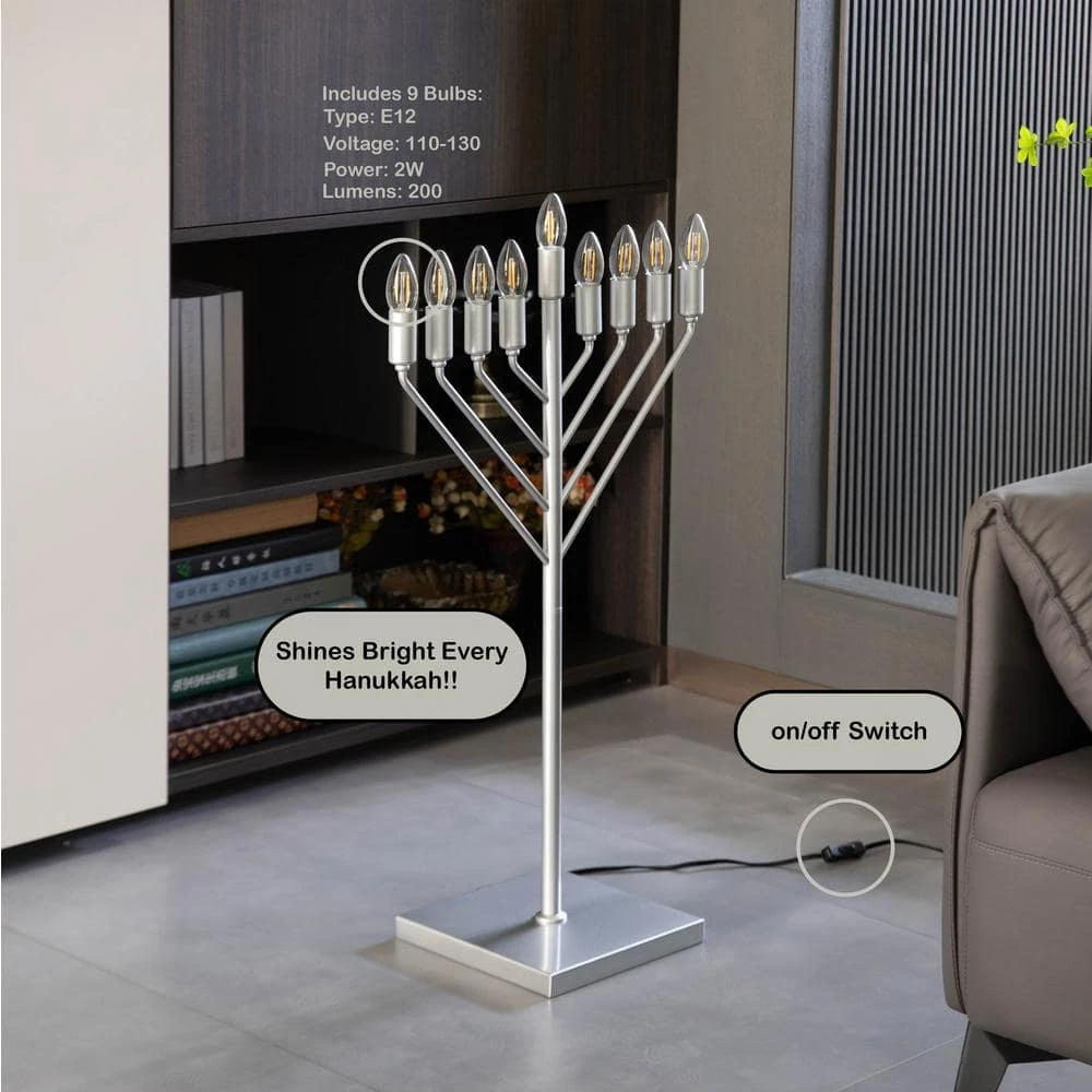 Vintiquewise Large Modern Antique Silver Nine Branch Electric Chabad Style Hanukkah Menorah With Flame Shaped LED Light Candles 2 Vintiquewise Large Modern Antique Silver Nine Branch Electric Chabad Style Hanukkah Menorah With Flame Shaped LED Light Candles - Image 2