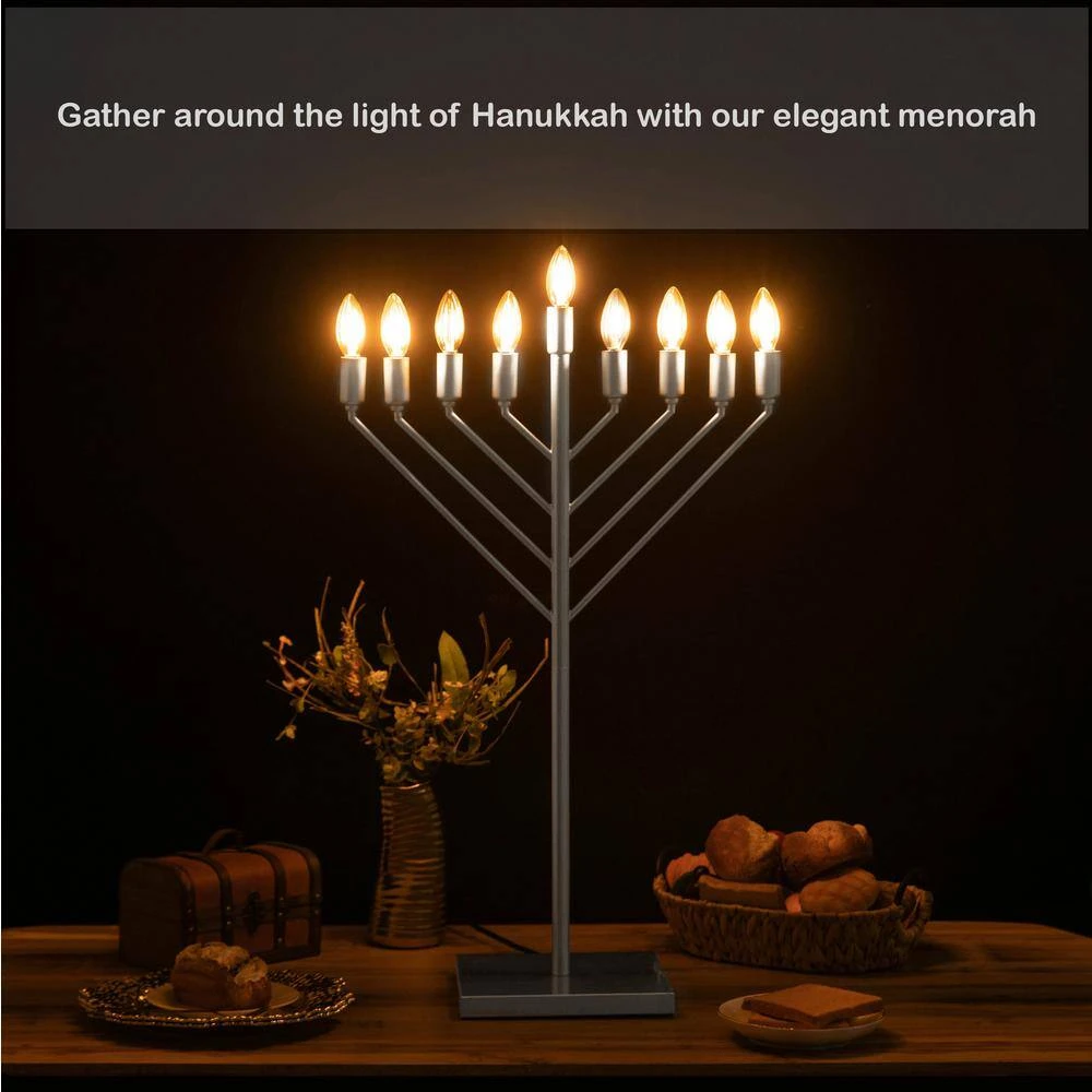 Vintiquewise Large Modern Antique Silver Nine Branch Electric Chabad Style Hanukkah Menorah With Flame Shaped LED Light Candles 6 Vintiquewise Large Modern Antique Silver Nine Branch Electric Chabad Style Hanukkah Menorah With Flame Shaped LED Light Candles - Image 6