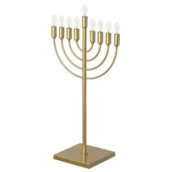 Vintiquewise Gold Finish Modern Contemporary Hanukkah Menorah With LED Hanukkah Candles And Remote Control