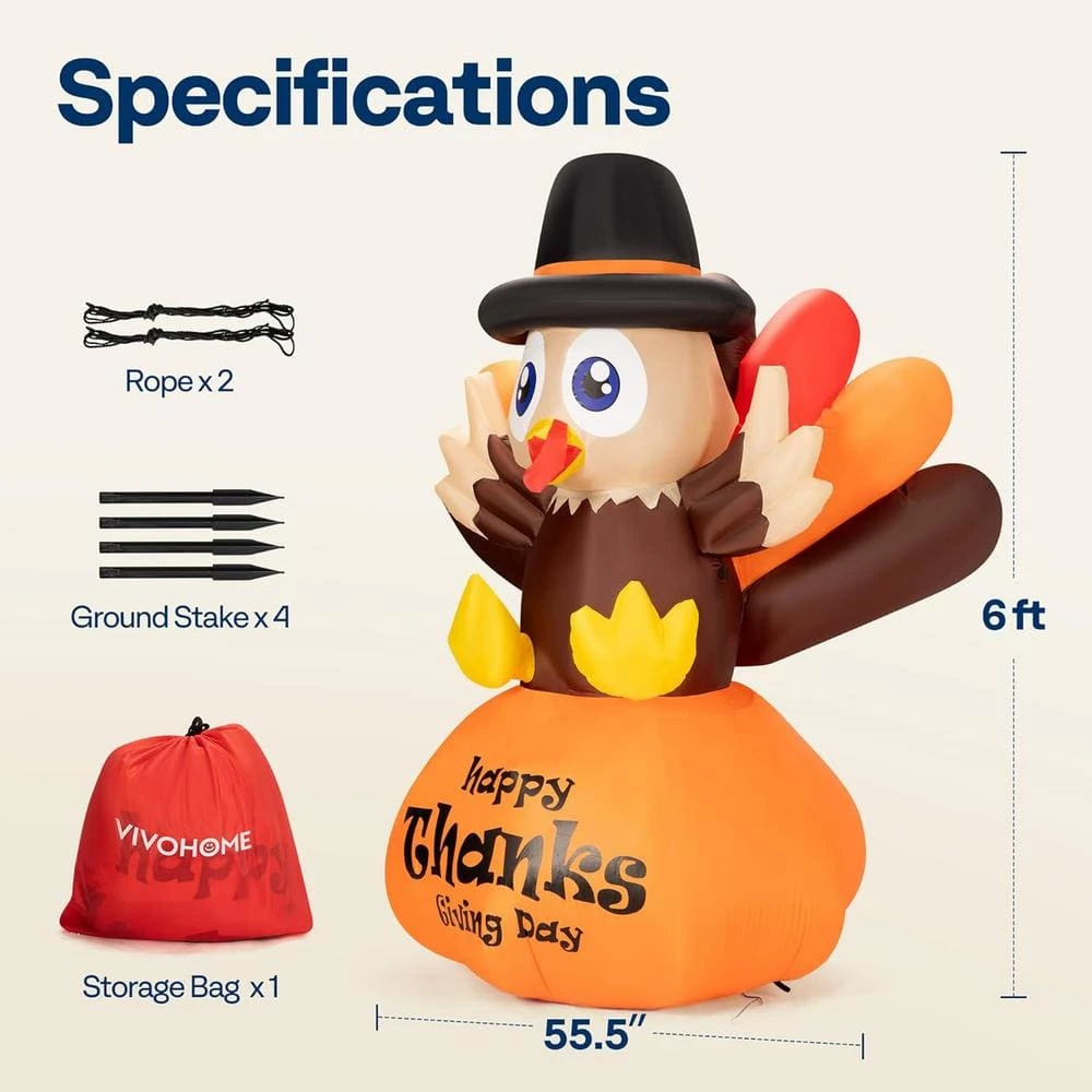 6 Ft. Height Thanksgiving Inflatable LED Lighted Turkey On Pumpkin 2 6 Ft. Height Thanksgiving Inflatable LED Lighted Turkey On Pumpkin - Image 2