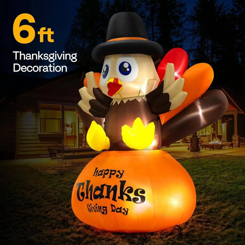 6 Ft. Height Thanksgiving Inflatable LED Lighted Turkey On Pumpkin 3 6 Ft. Height Thanksgiving Inflatable LED Lighted Turkey On Pumpkin - Image 3