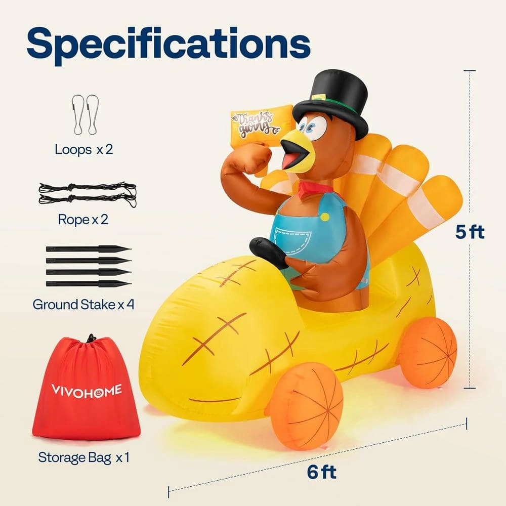 6 Ft. Long Thanksgiving Inflatable LED Lighted Turkey Driving Corn Car 7 6 Ft. Long Thanksgiving Inflatable LED Lighted Turkey Driving Corn Car - Image 7