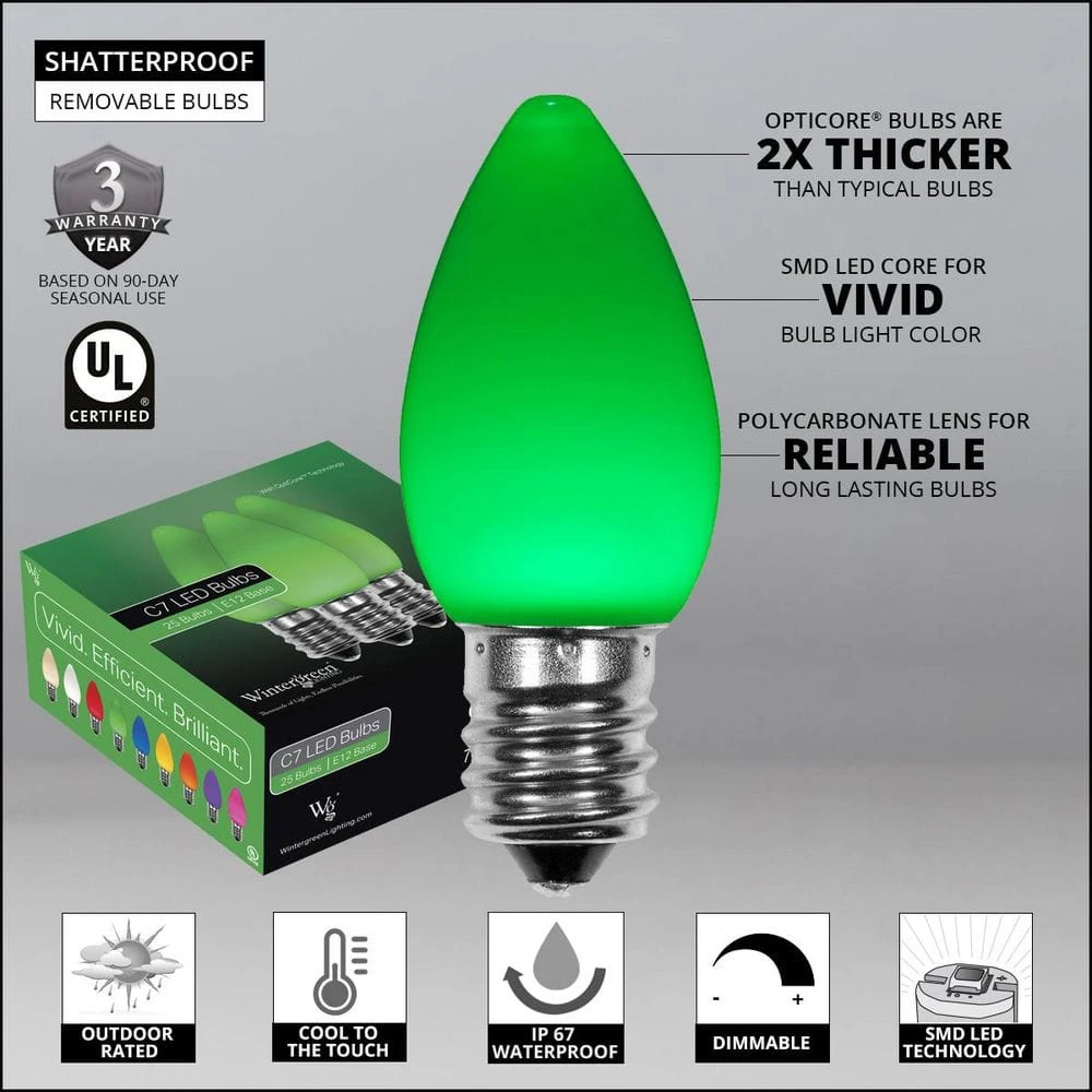OptiCore C7 LED Green Smooth/Opaque Shatter-Resistant Christmas Light Bulbs (25-Pack) 2 OptiCore C7 LED Green Smooth/Opaque Shatter-Resistant Christmas Light Bulbs (25-Pack) - Image 2